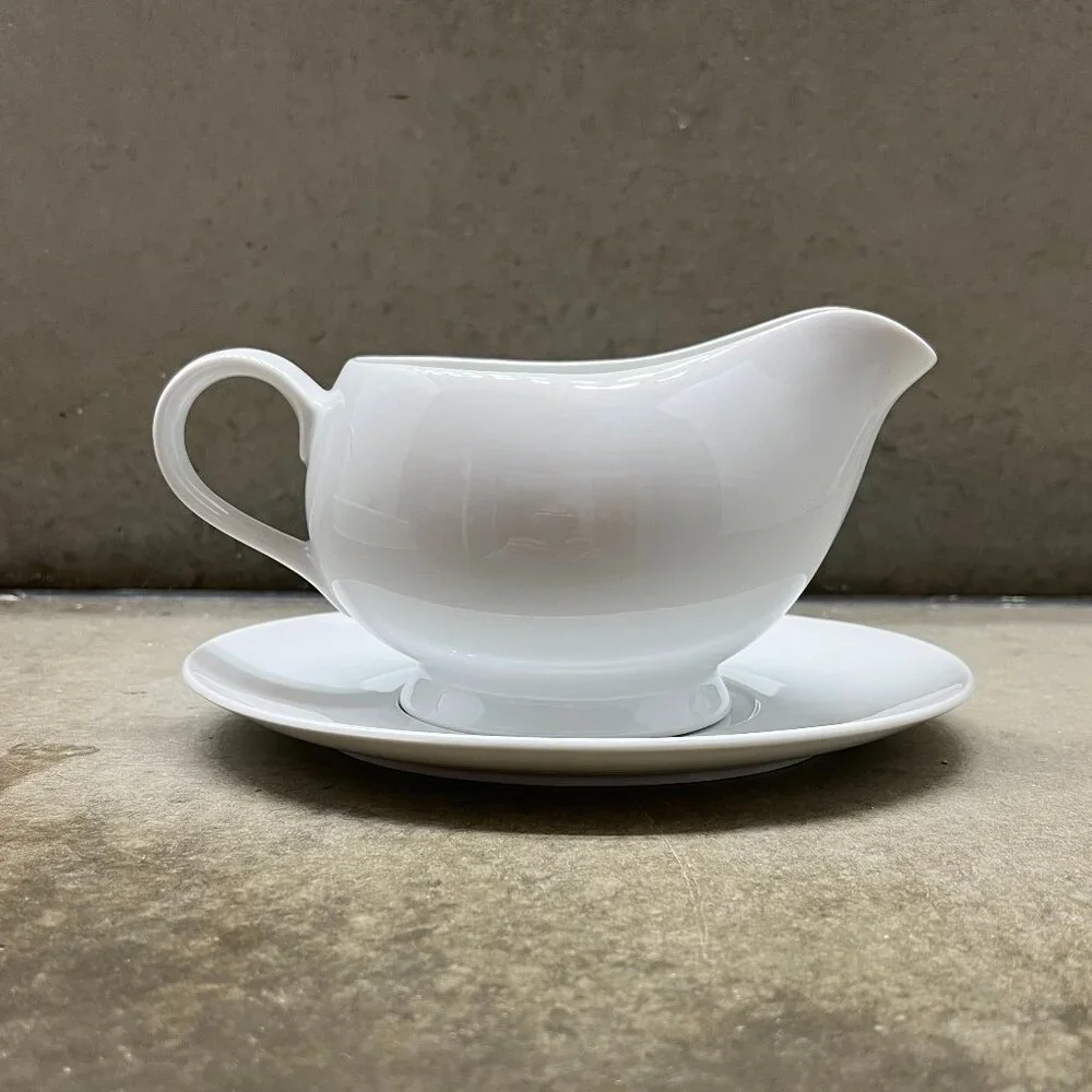 Crate&Barrel White Porcelain Gravy Boat and Saucer